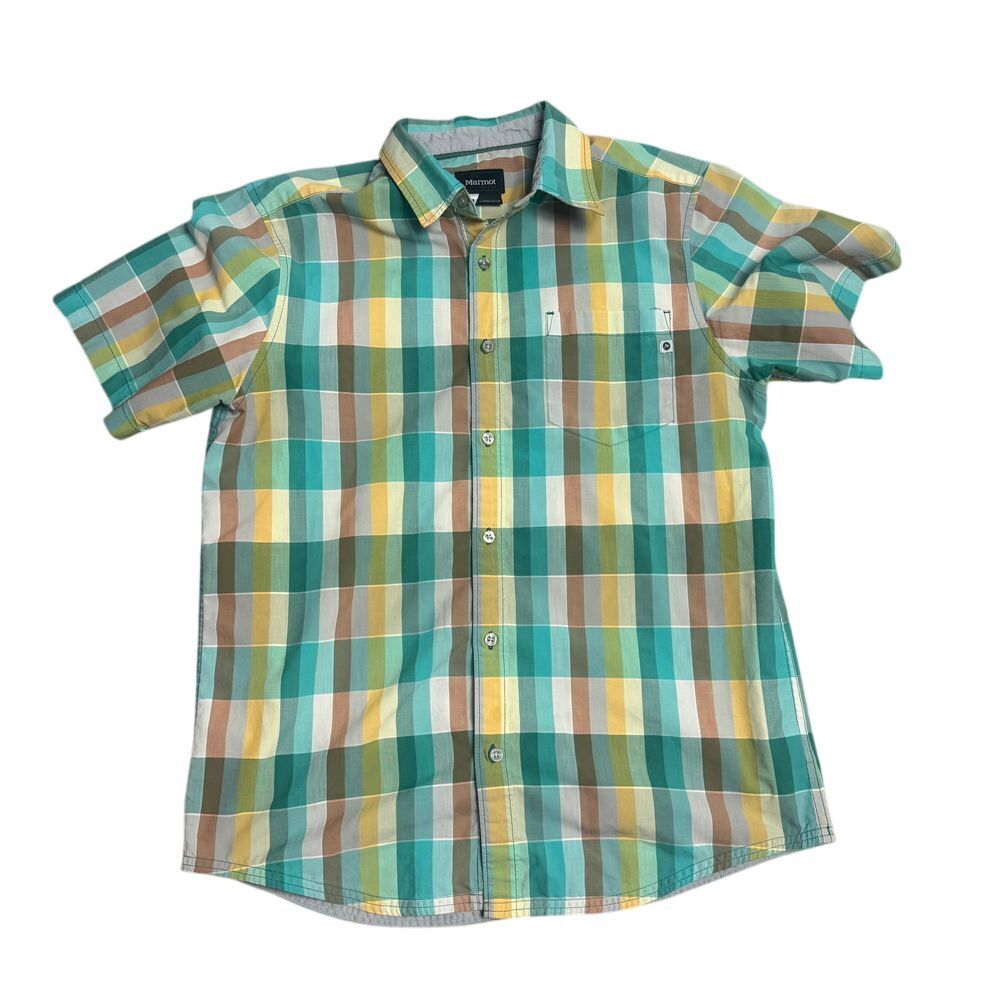 Marmot Men's Size Medium Green Plaid Short Sleeve Button Down Shirt